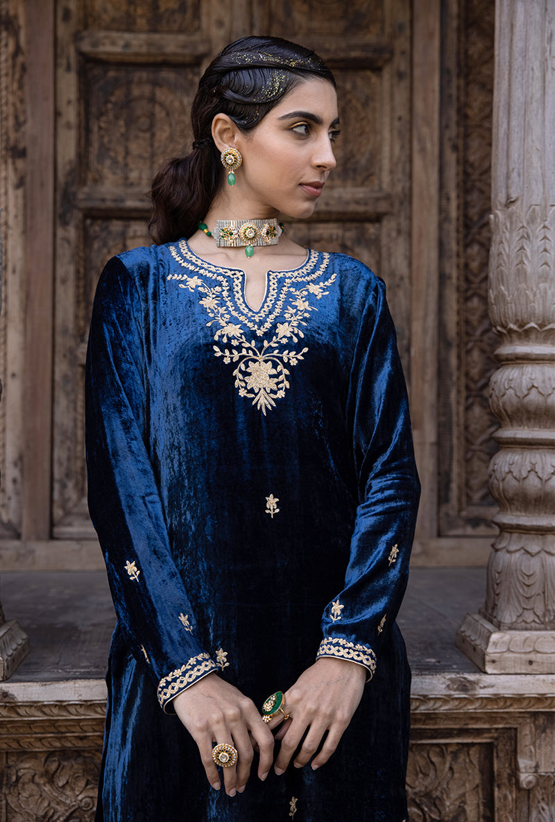 Blue Velvet Heavy Neck Falak Kurta Set