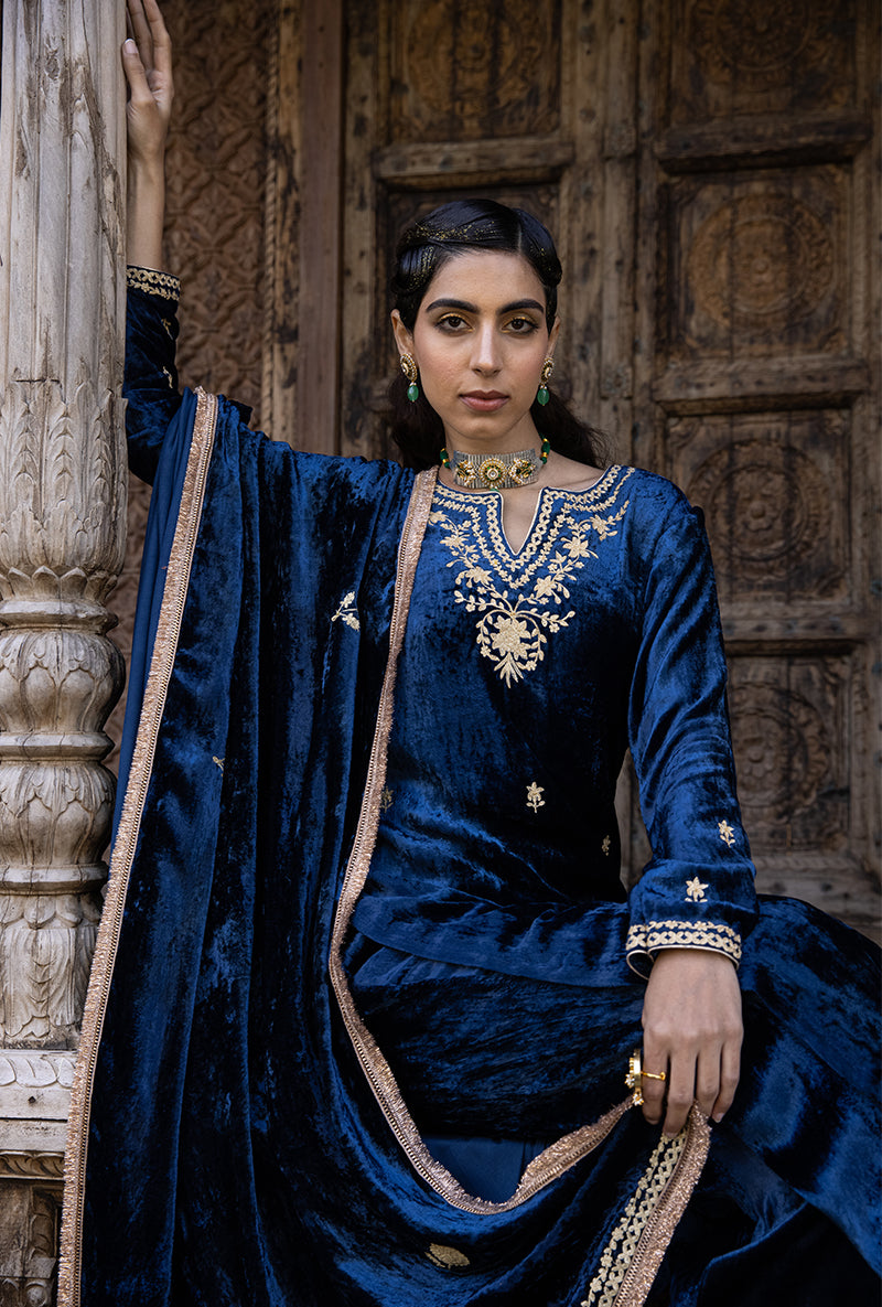 Blue Velvet Heavy Neck Falak Kurta Set