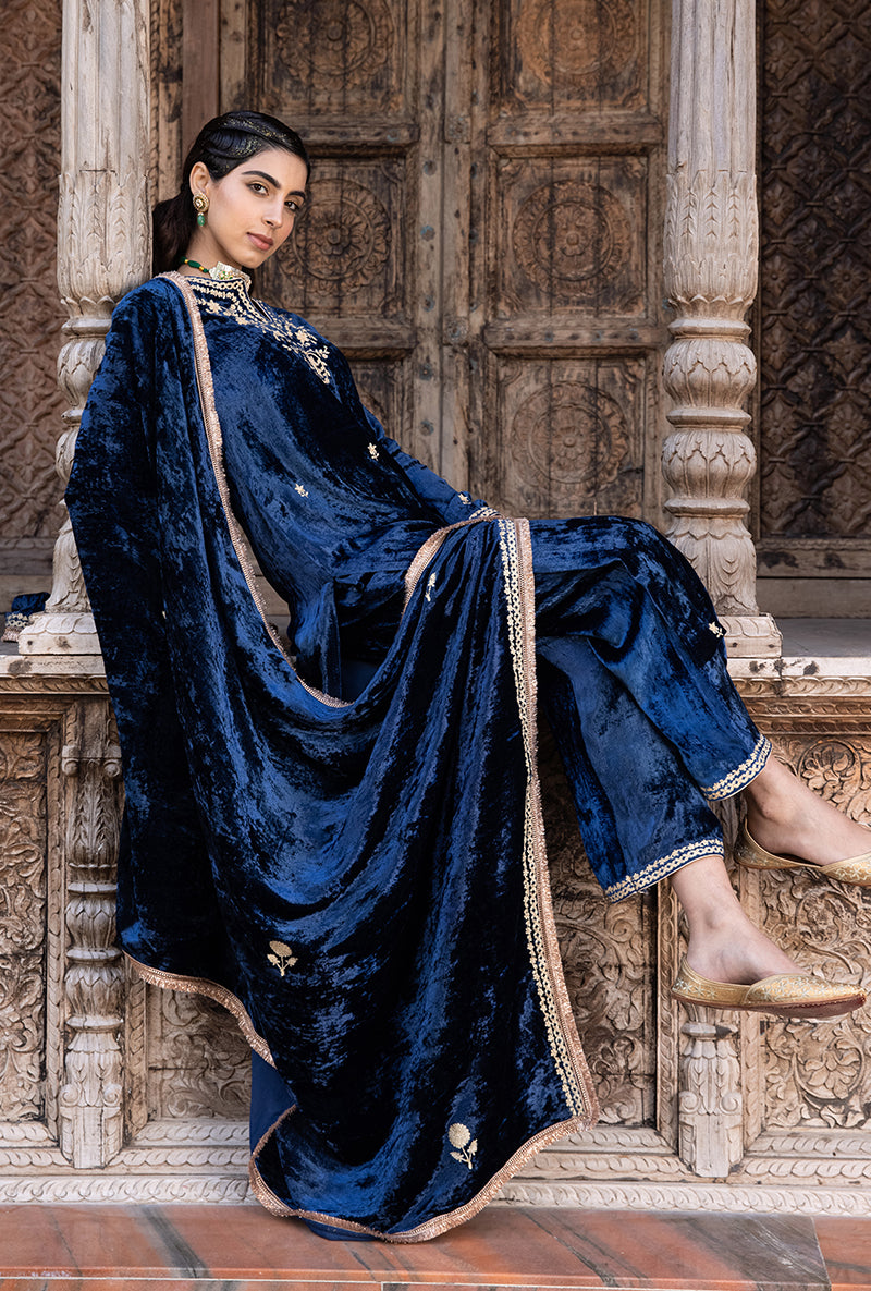 Blue Velvet Heavy Neck Falak Kurta Set