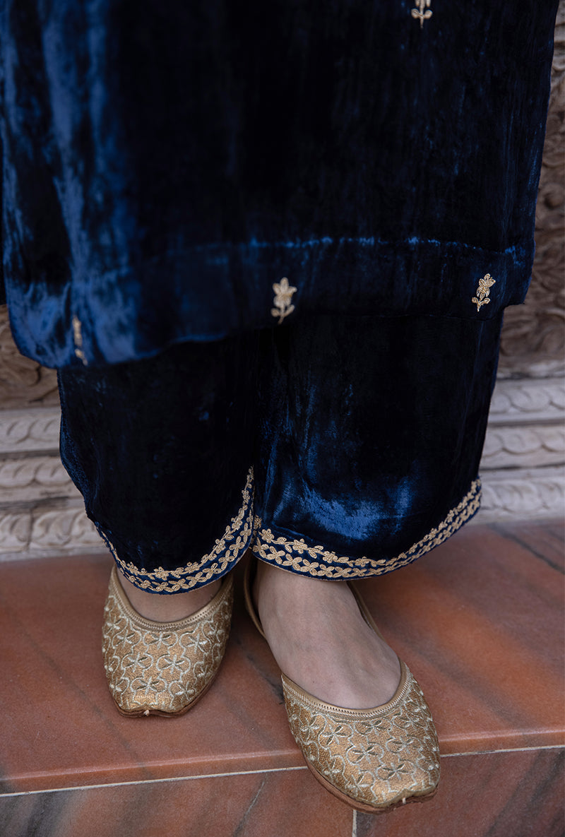 Blue Velvet Heavy Neck Falak Kurta Set