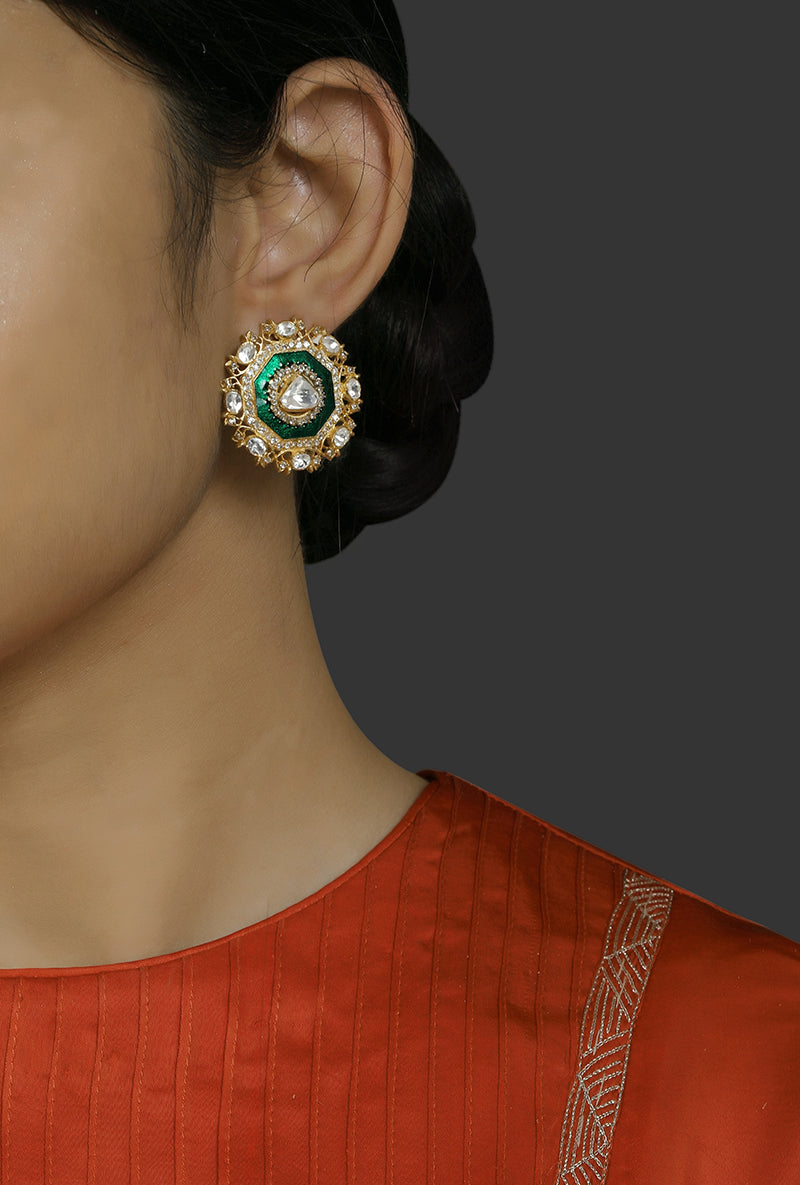 Gold Plated Silver Studs With Uncut Polki & Green Enamel Border With Diamonds