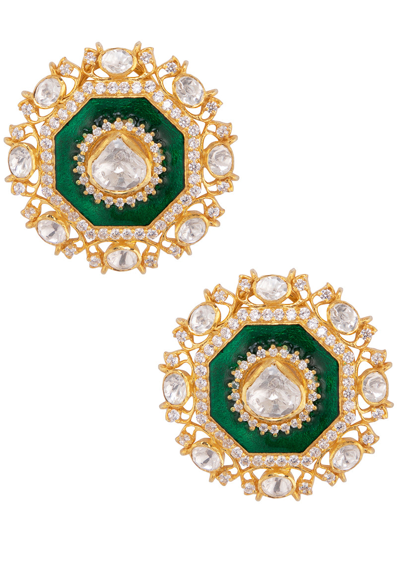 Gold Plated Silver Studs With Uncut Polki & Green Enamel Border With Diamonds