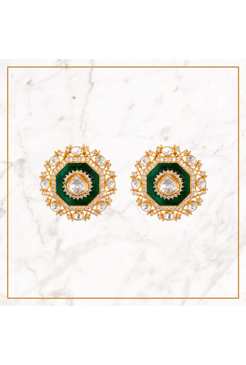 Gold Plated Silver Studs With Uncut Polki & Green Enamel Border With Diamonds