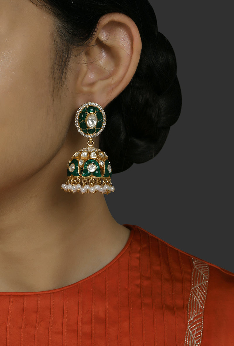 Gold Plated Silver Polki & Green Utarai Jhumki With Pearl Drops
