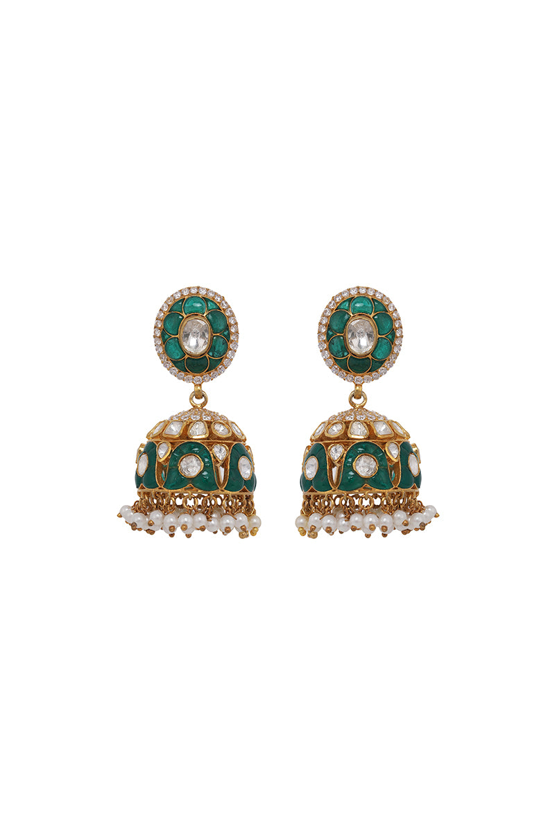 Gold Plated Silver Polki & Green Utarai Jhumki With Pearl Drops