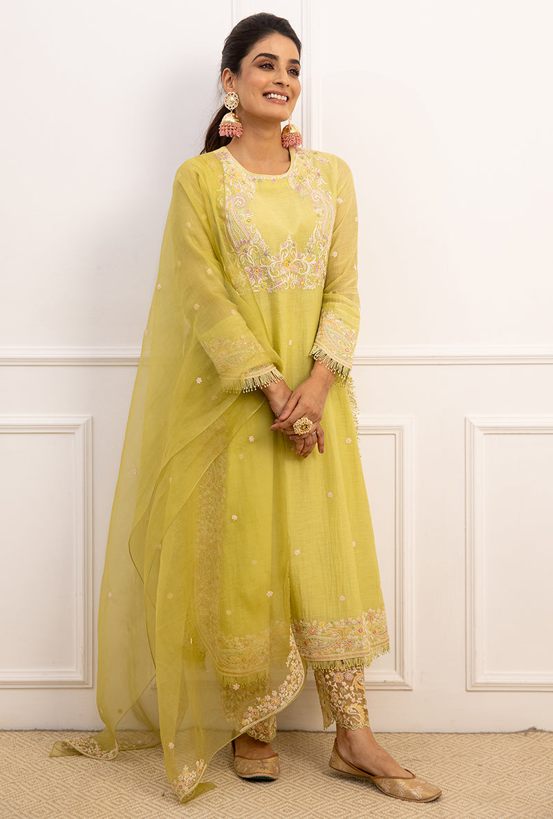 Mint Green Dori Paisley Long Kurta Yoke Aafreen Set