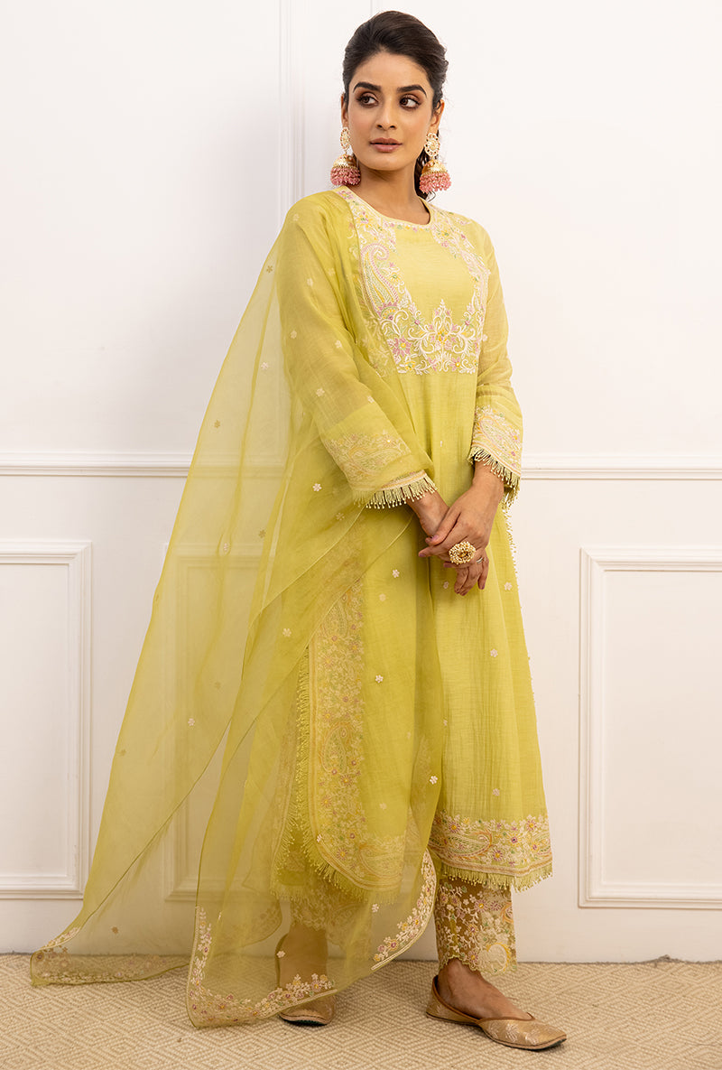 Mint Green Dori Paisley Long Kurta Yoke Aafreen Set