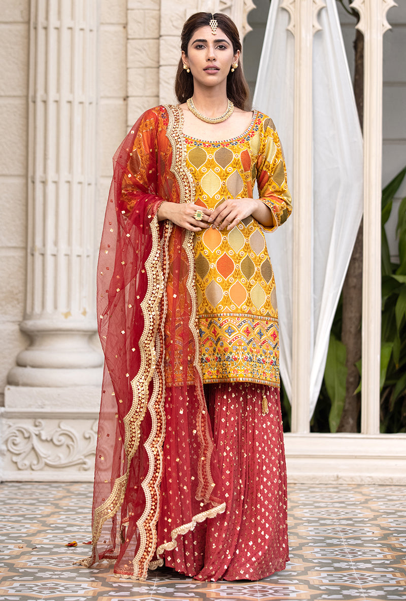 Mustard Multicolour Thread Work Sitara 2.0 Gharara Set