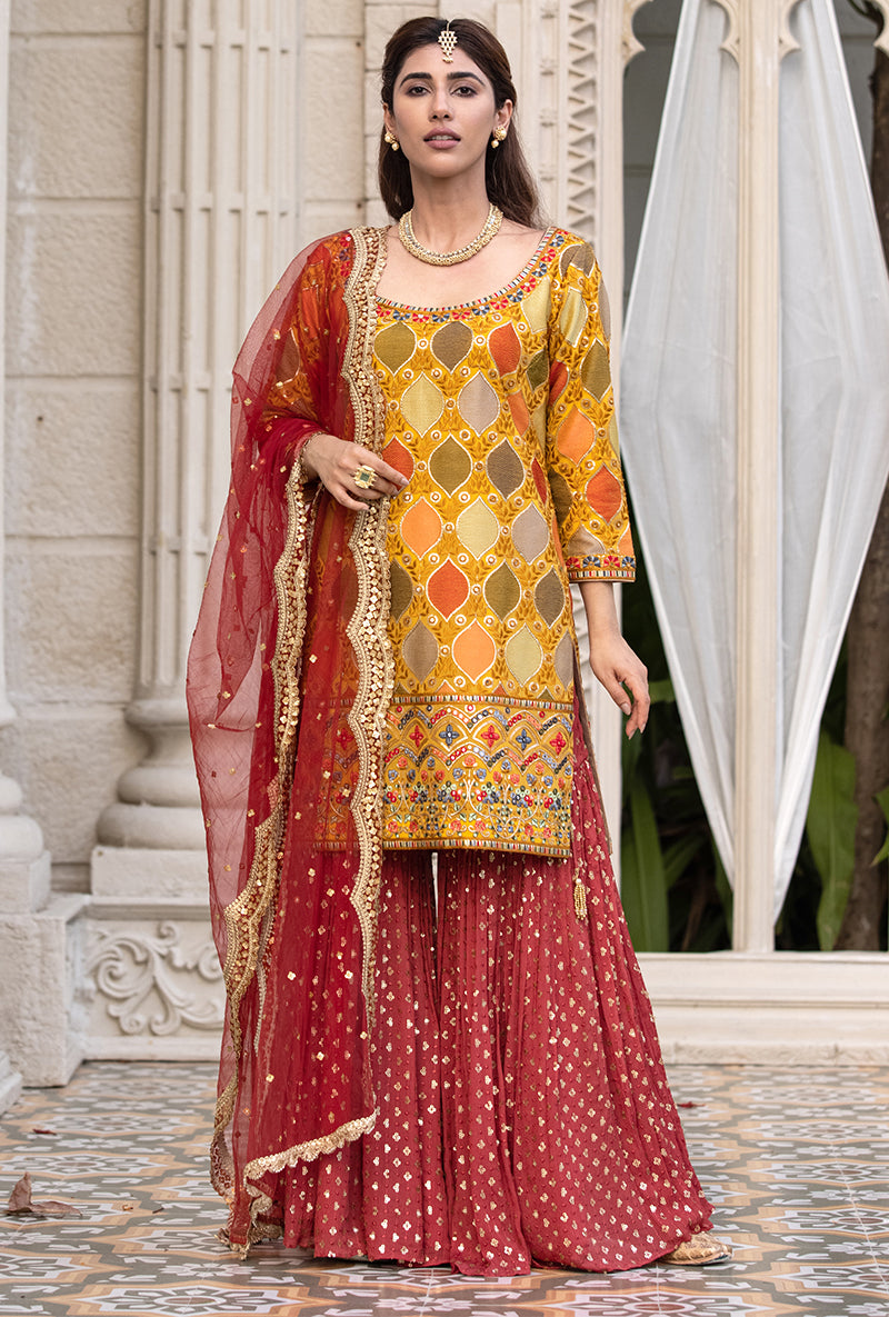 Mustard Multicolour Thread Work Sitara 2.0 Gharara Set