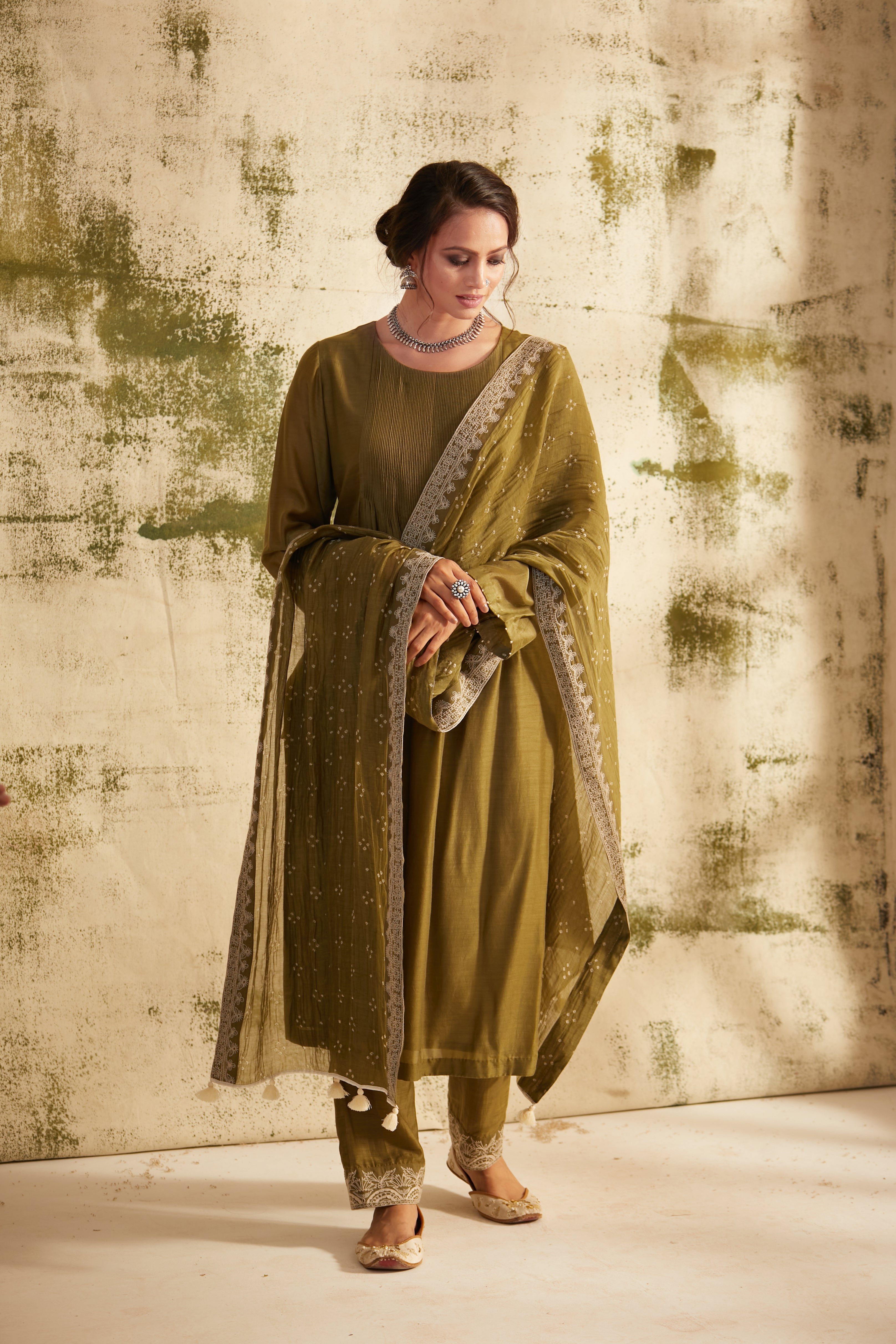 Olive Green Pintuck Inaya Kurta Set