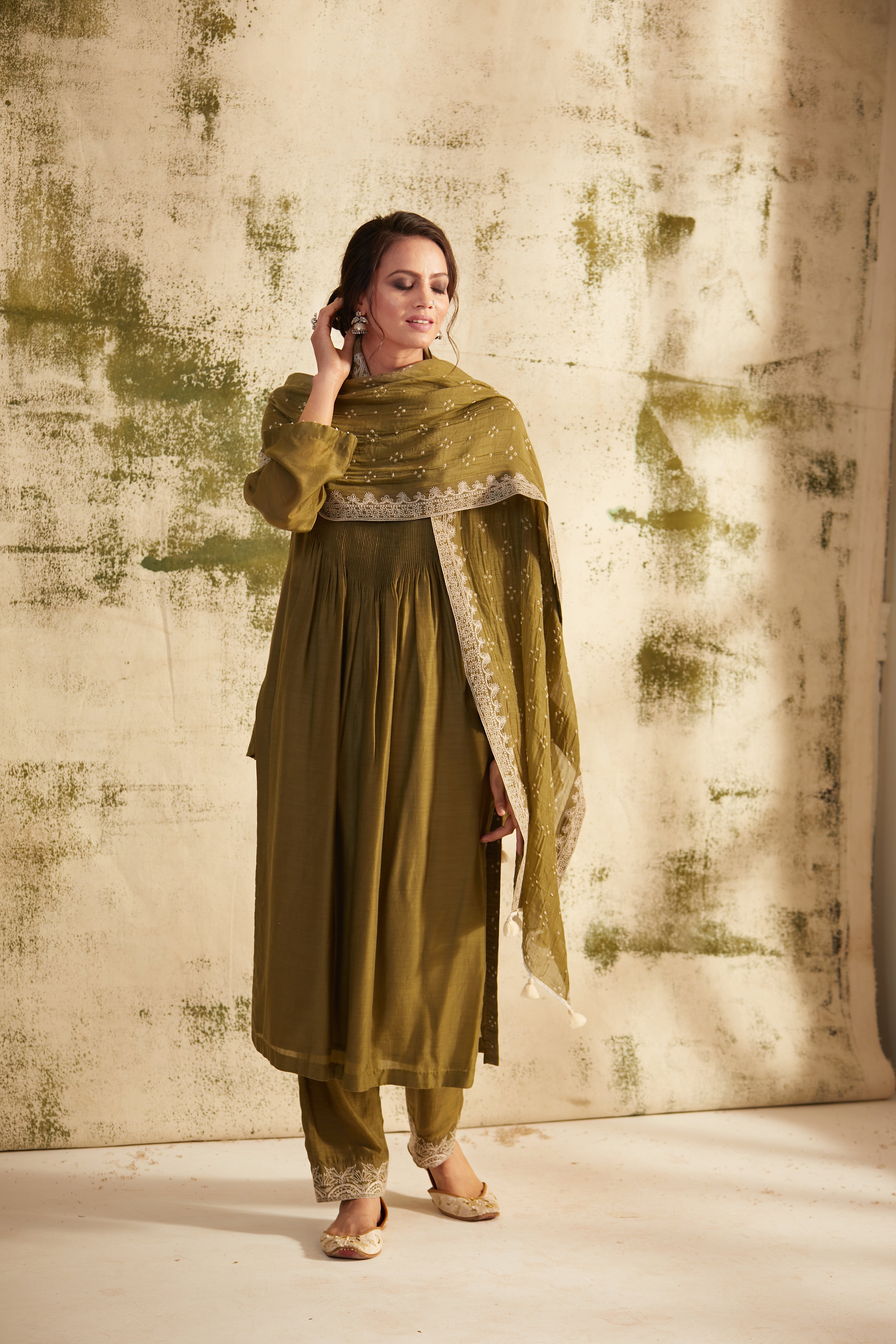 Olive Green Pintuck Inaya Kurta Set