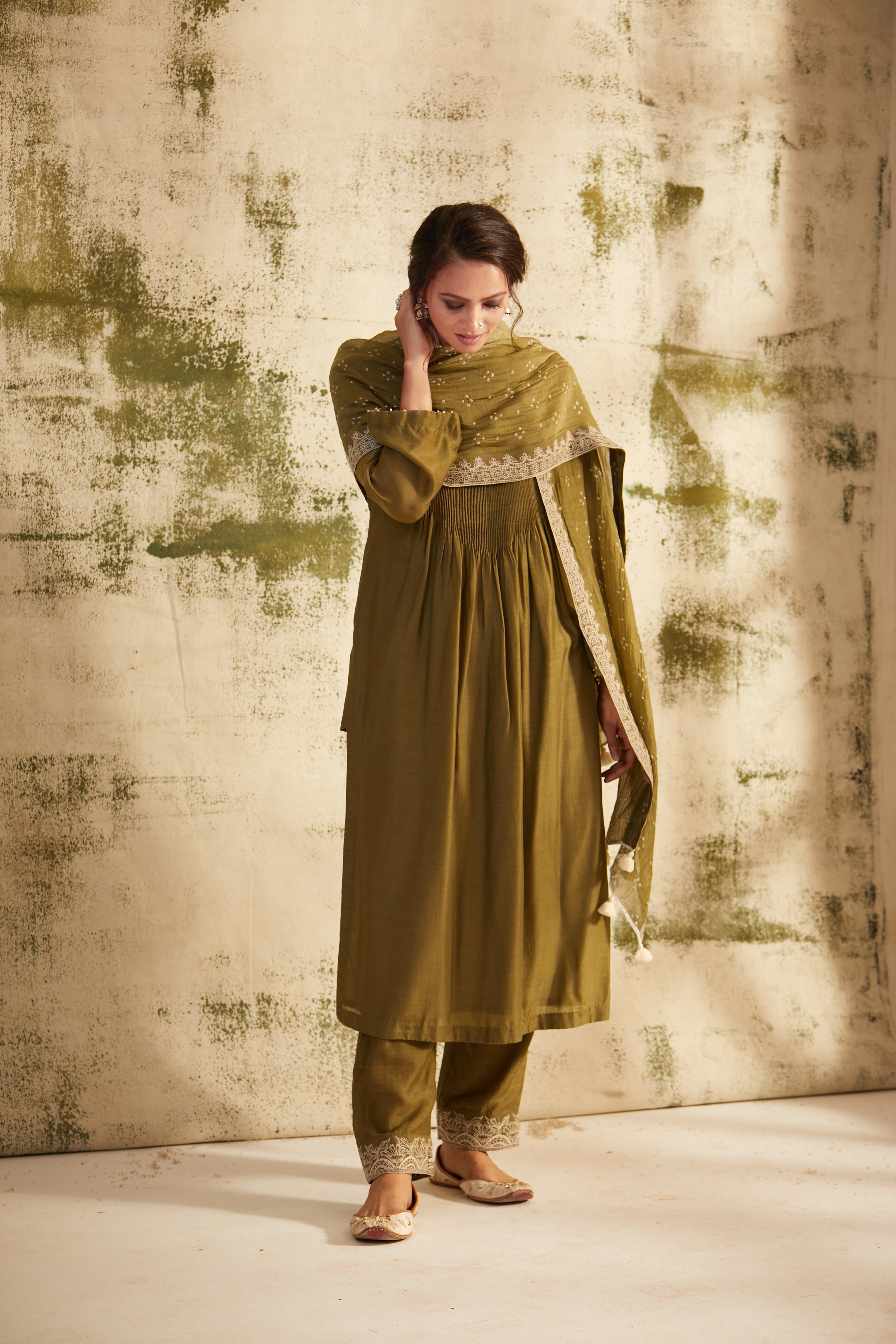 Olive Green Pintuck Inaya Kurta Set