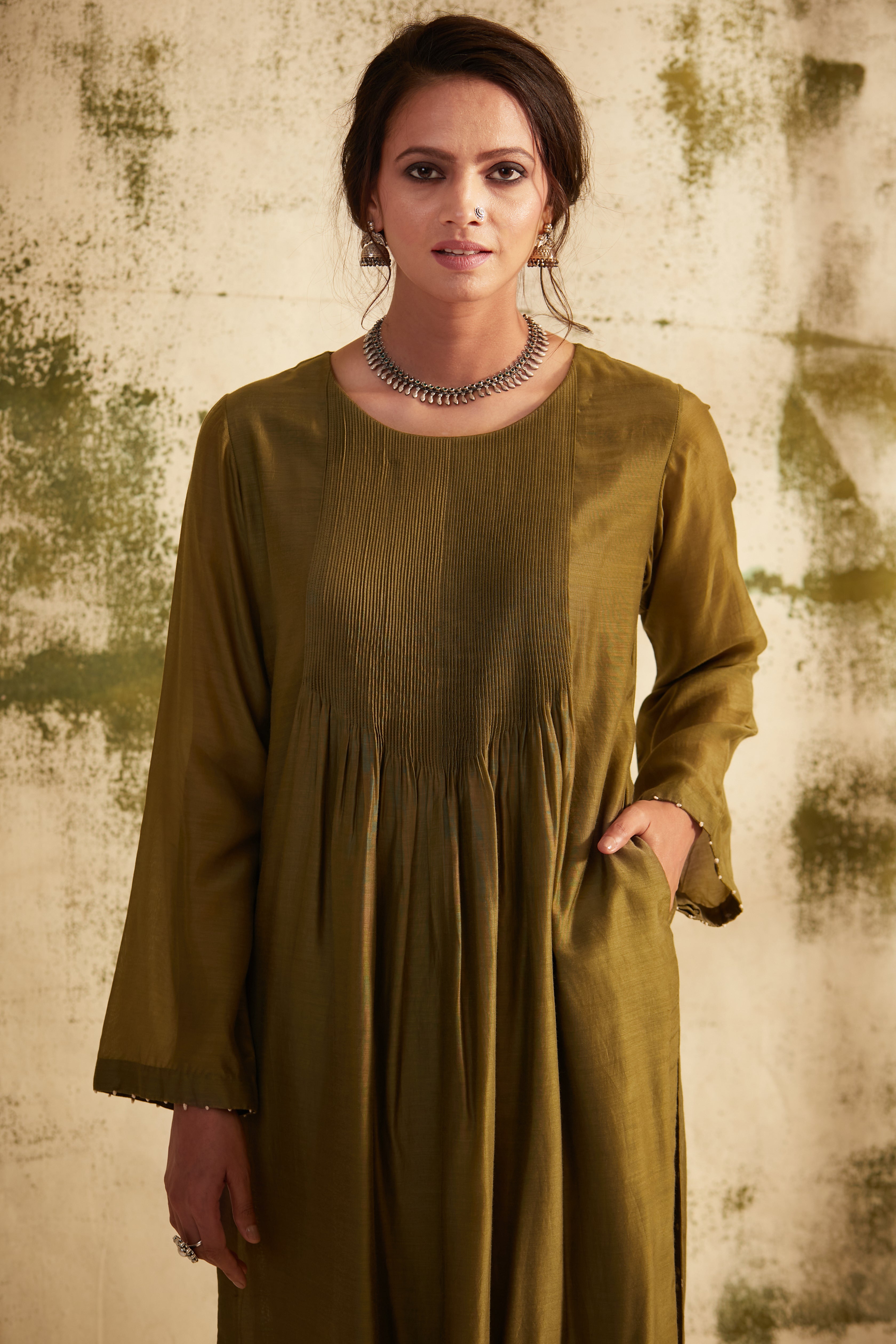 Olive Green Pintuck Inaya Kurta Set
