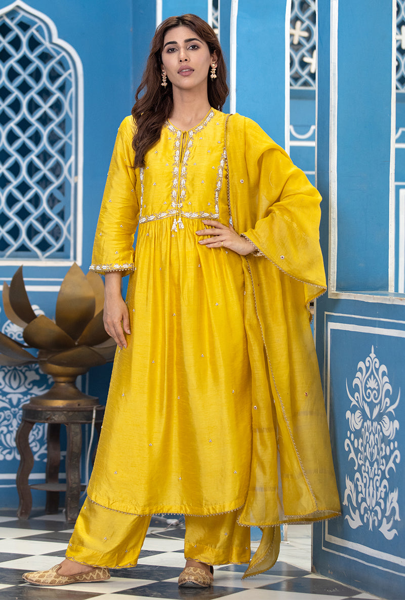 Yellow Front Pleat Ameera Kurta Set