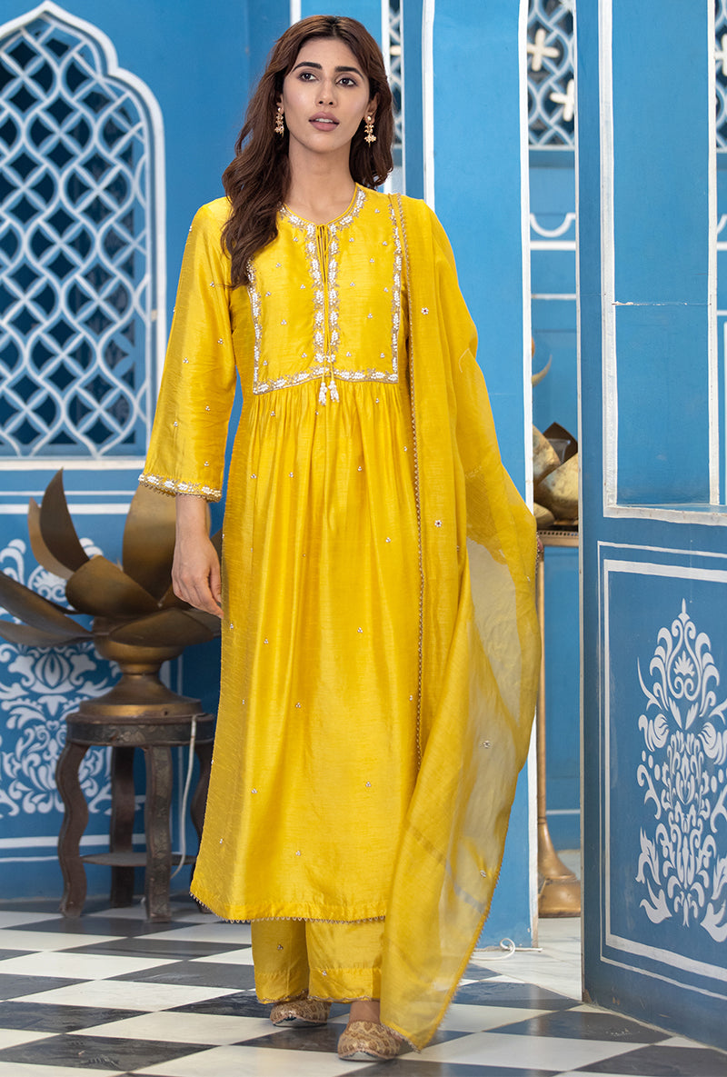 Yellow Front Pleat Ameera Kurta Set
