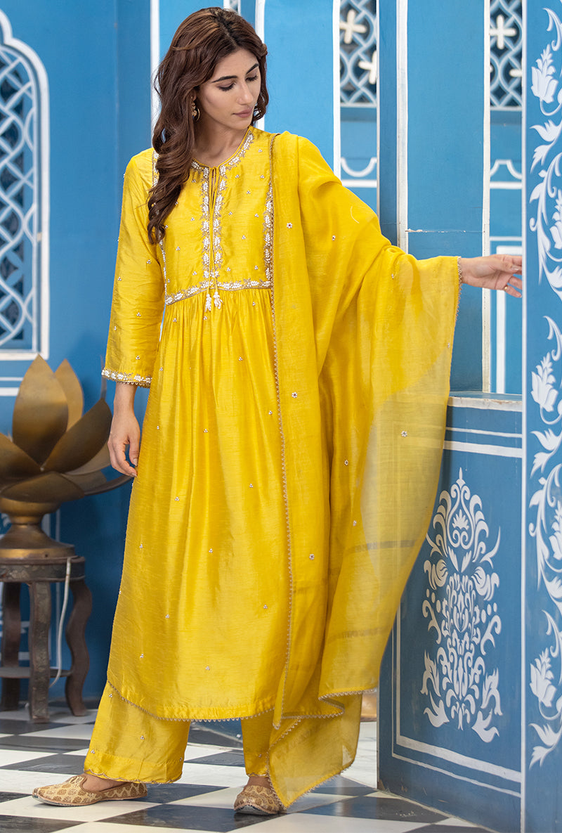 Yellow Front Pleat Ameera Kurta Set
