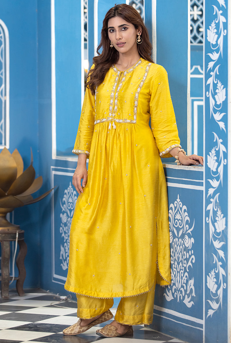 Yellow Front Pleat Ameera Kurta Set