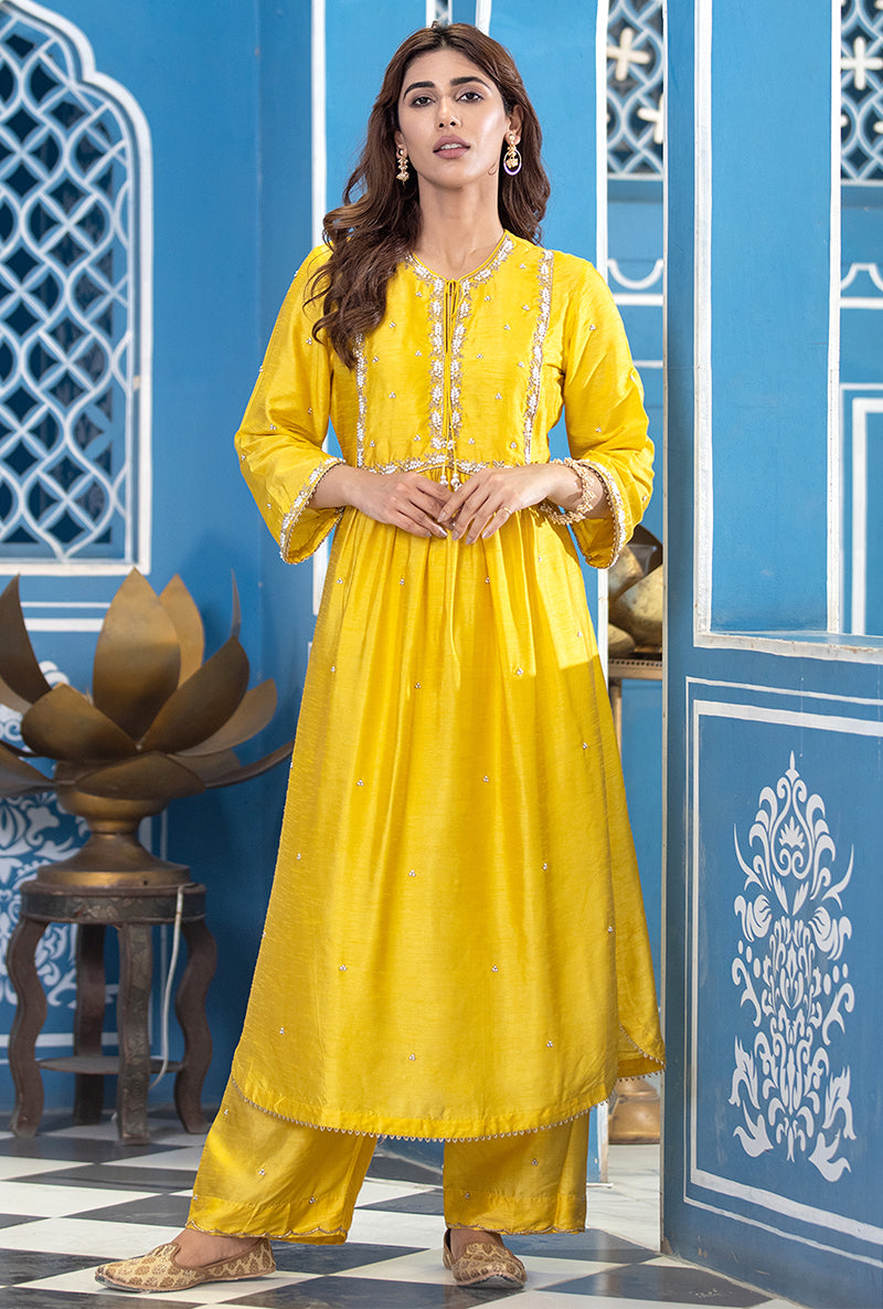 Yellow Front Pleat Ameera Kurta Set