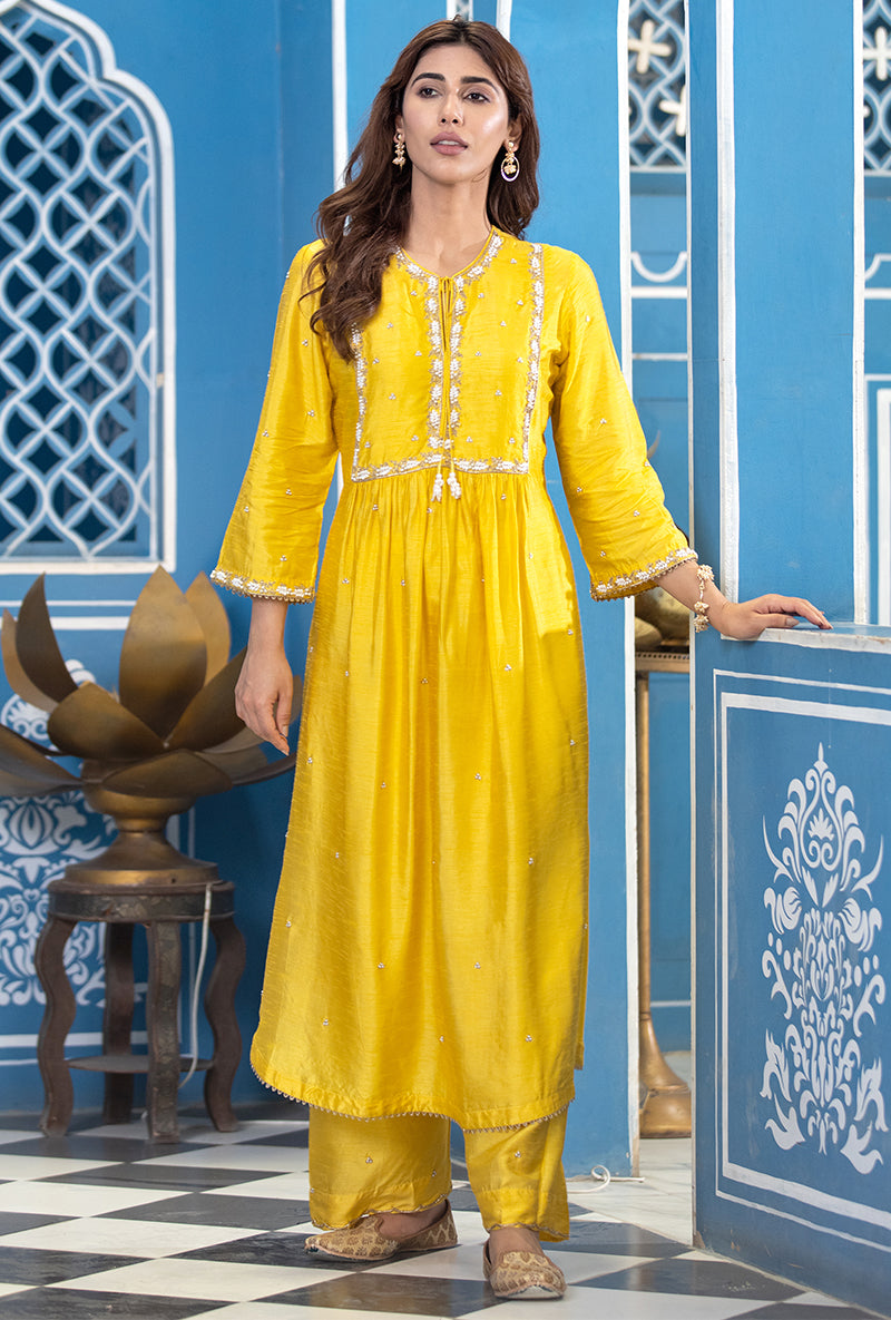 Yellow Front Pleat Ameera Kurta Set