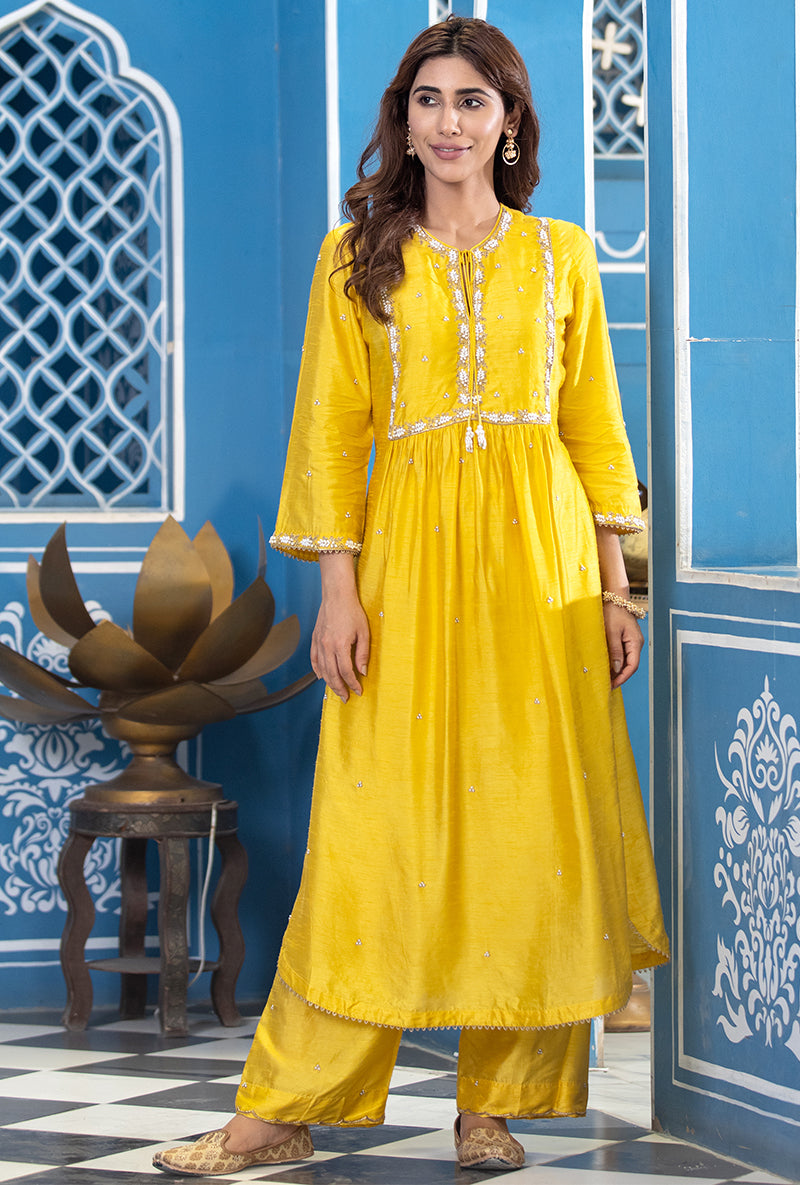 Yellow Front Pleat Ameera Kurta Set