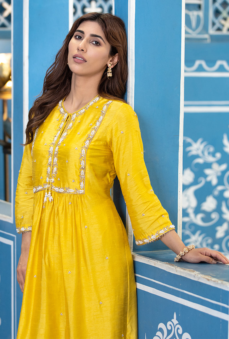 Yellow Front Pleat Ameera Kurta Set