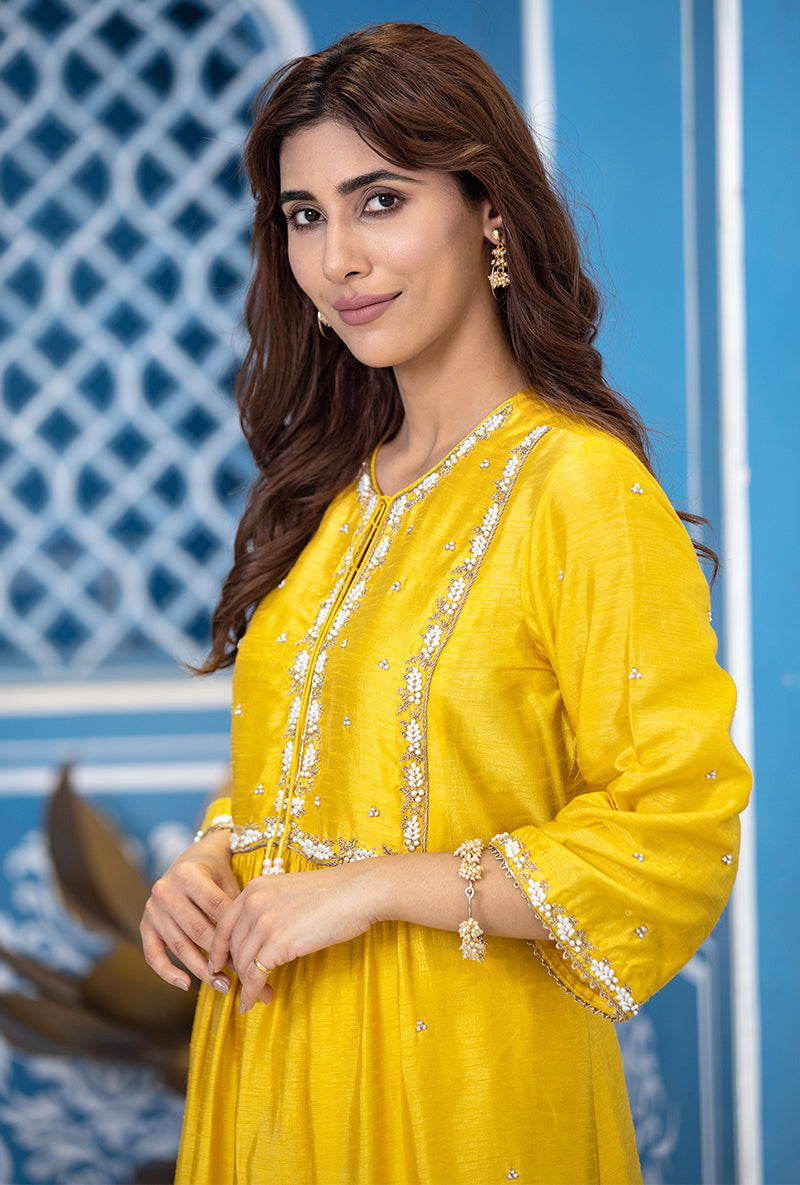 Yellow Front Pleat Ameera Kurta Set