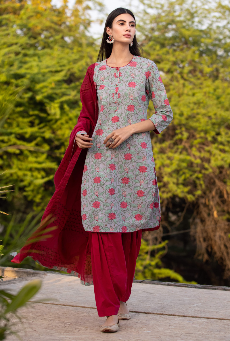 Grey/Red Pankhuri Salwar Kurta Set