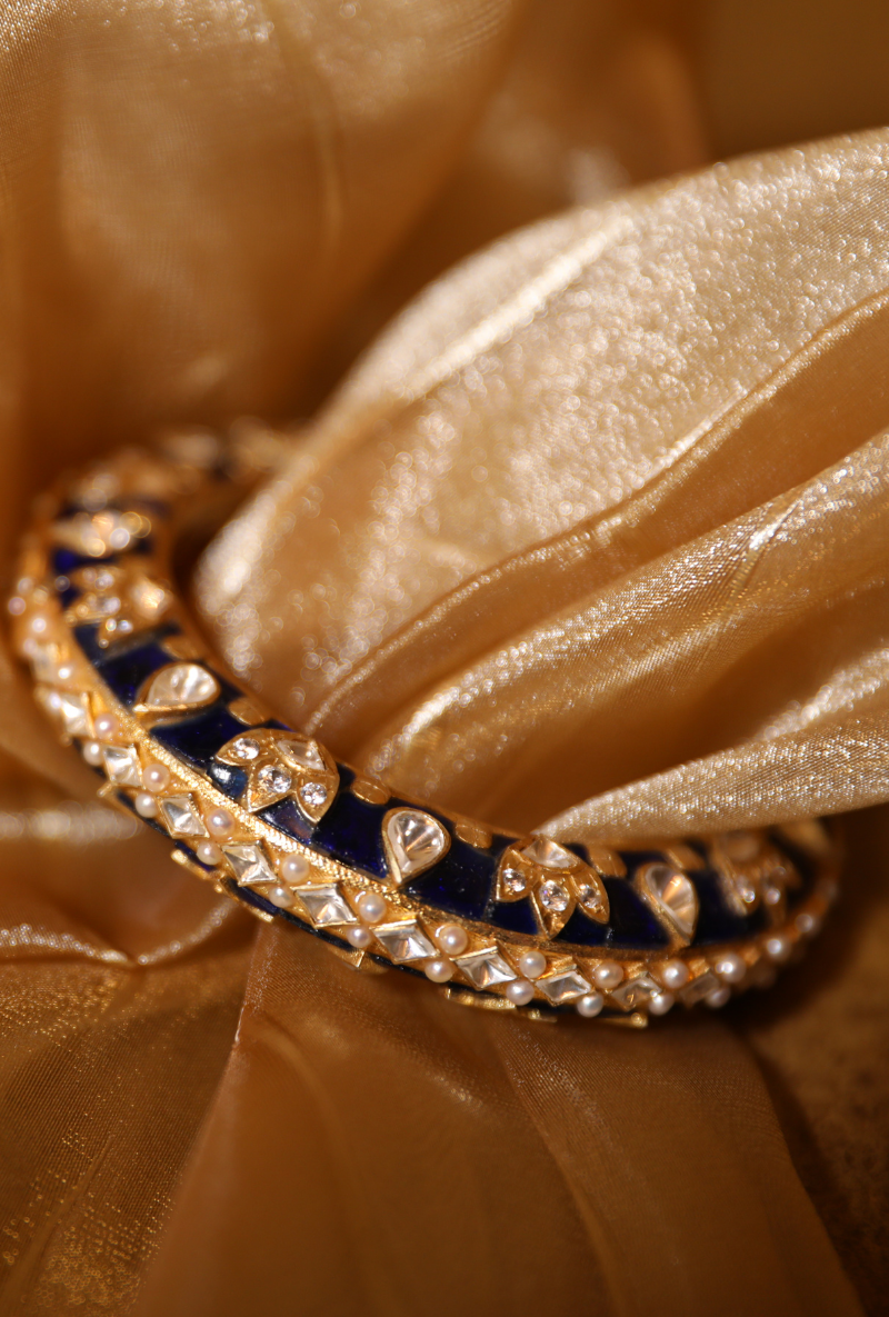 Gold Plated Silver Polki Openable Kada With Blue Stones & Pearls