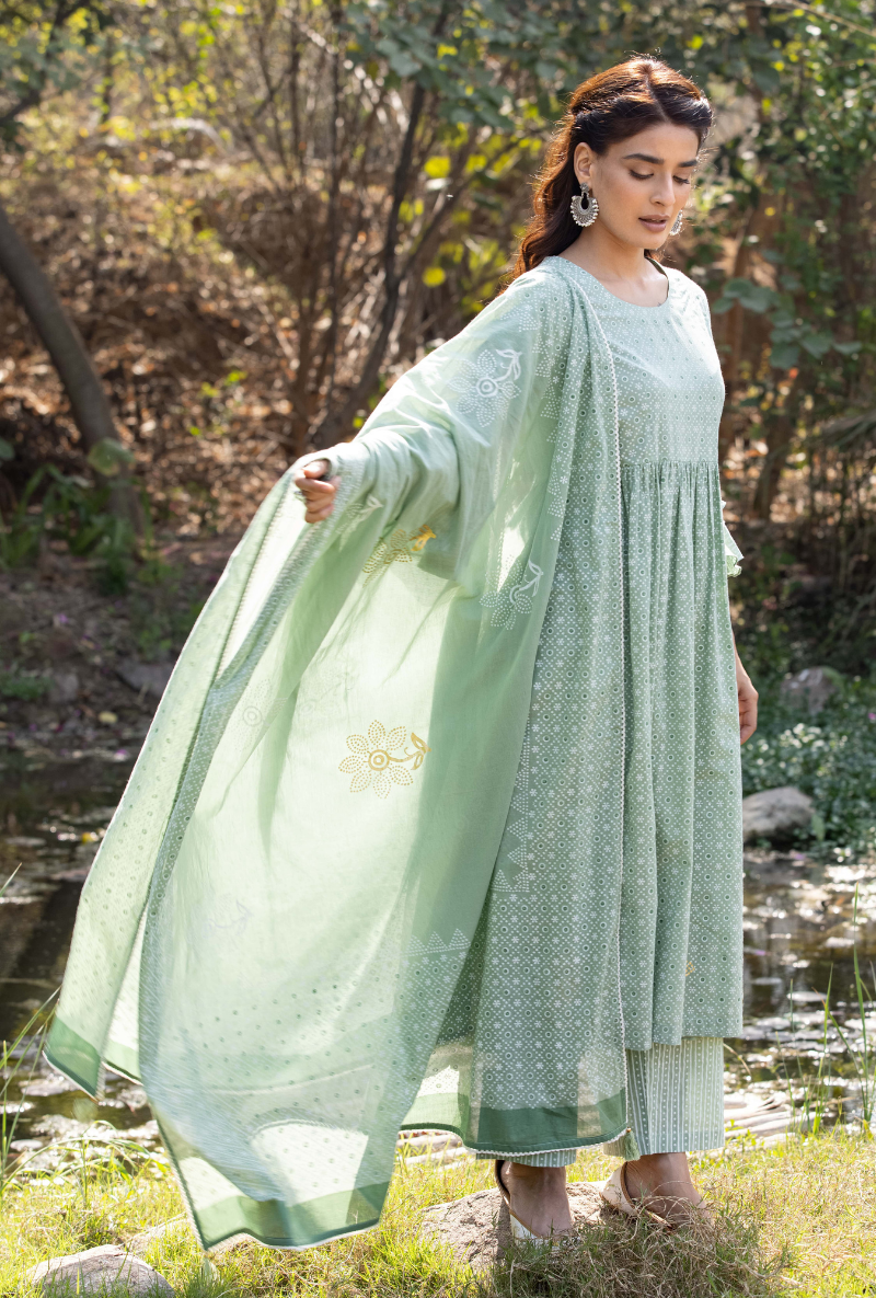 Green Frill Sleeve Titlie Anarkali Set