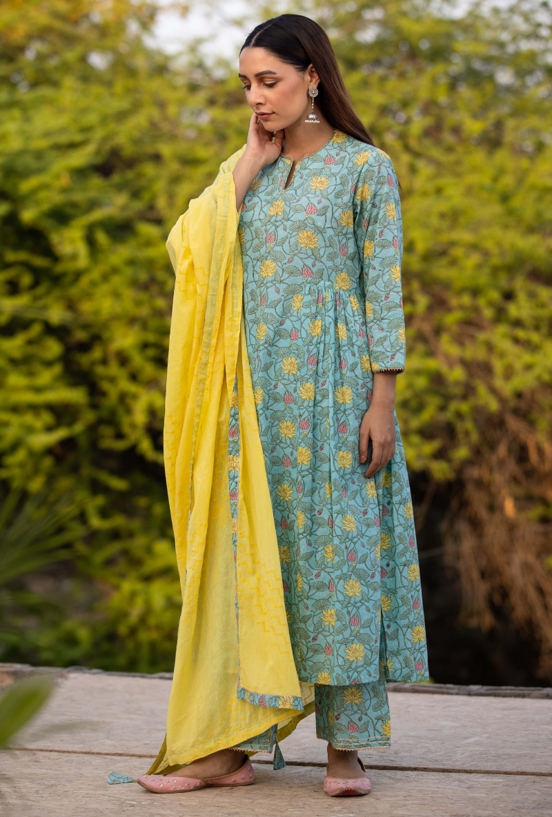 Aqua/Yellow Pankhuri Anarkali Kurta Set