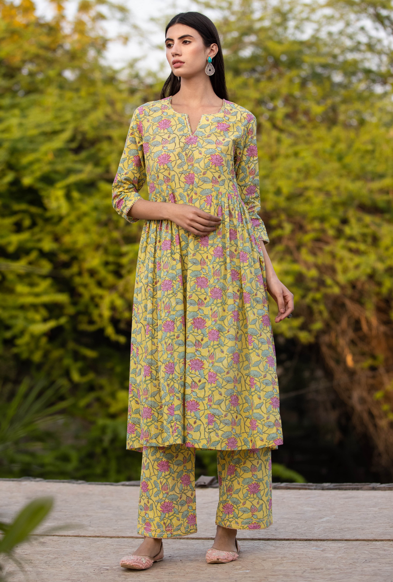 Yellow/Pink Pankhuri Anarkali Kurta Set