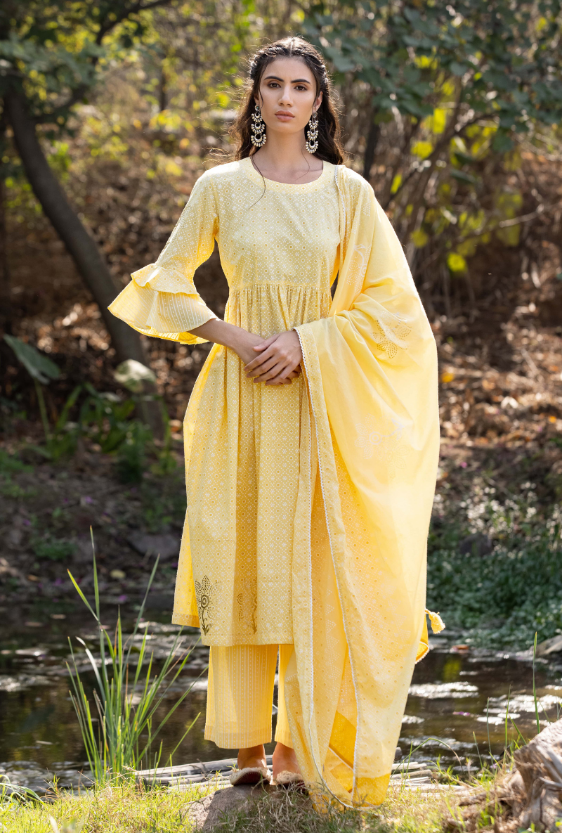 Yellow Frill Sleeve Titlie Anarkali Set