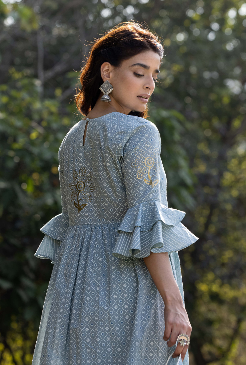 Blue Frill Sleeve Titlie Anarkali Set