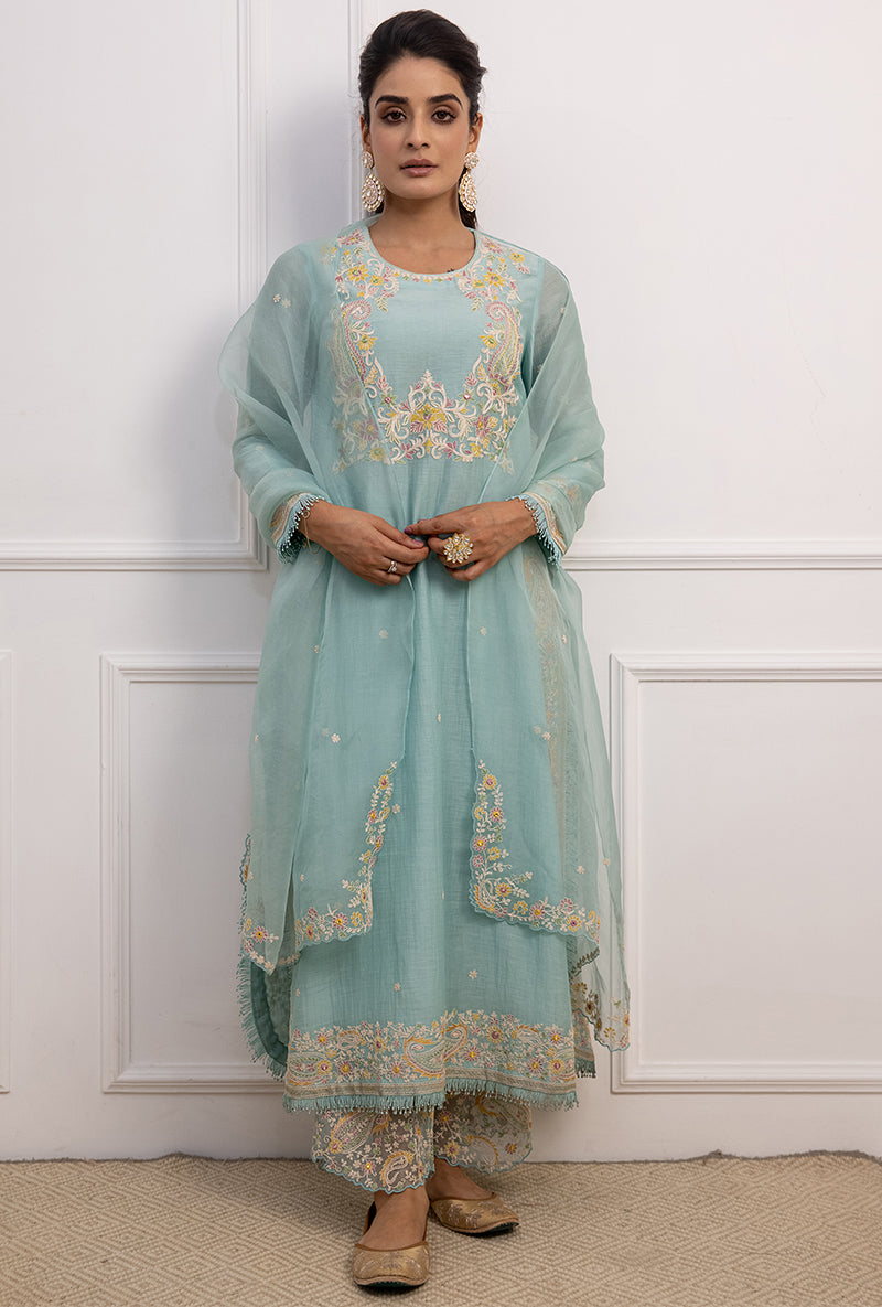Blue Dori Paisley Long Kurta Yoke Aafreen Set