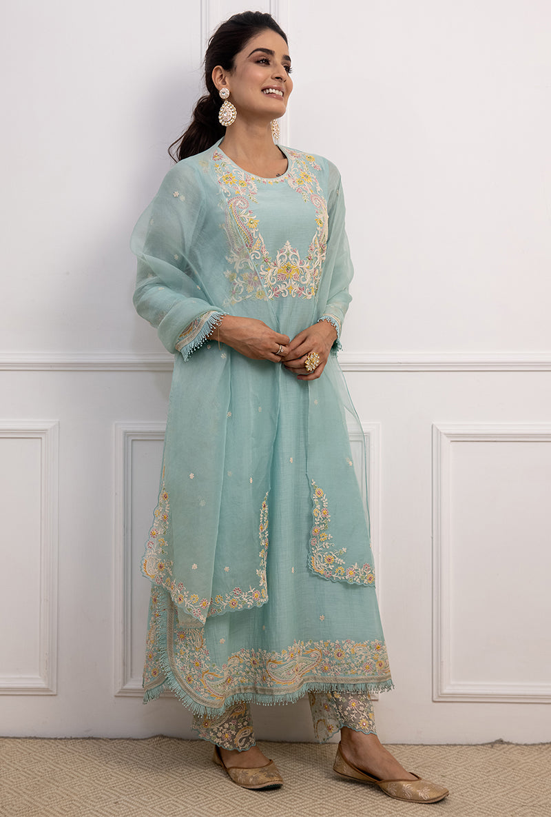 Blue Dori Paisley Long Kurta Yoke Aafreen Set