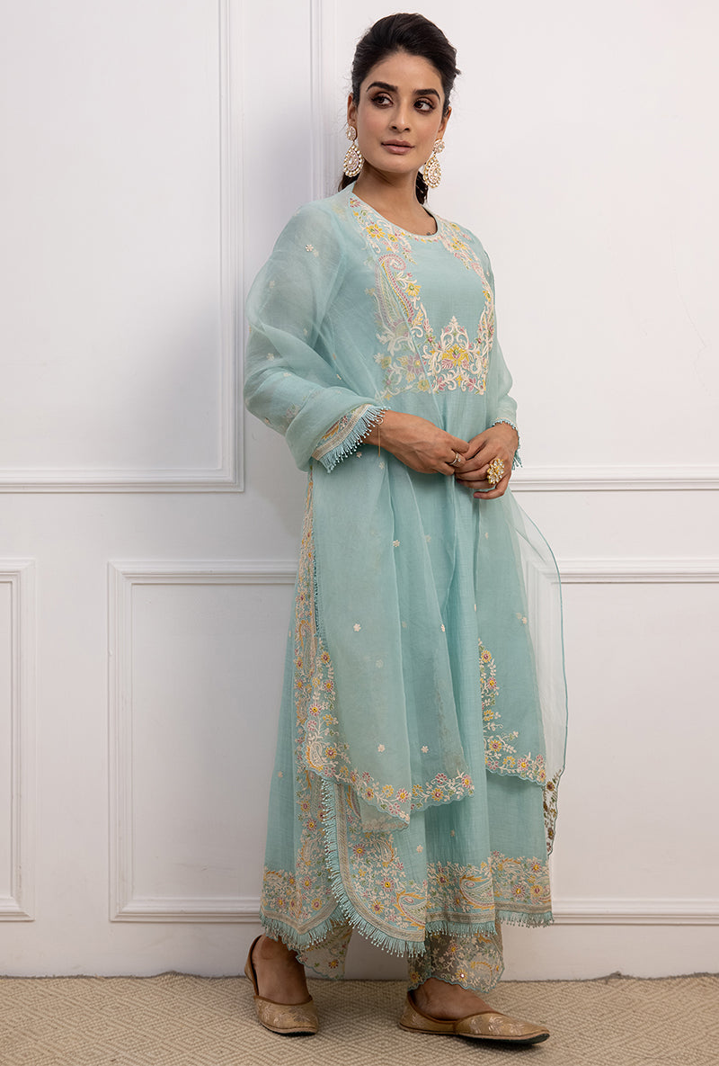 Blue Dori Paisley Long Kurta Yoke Aafreen Set