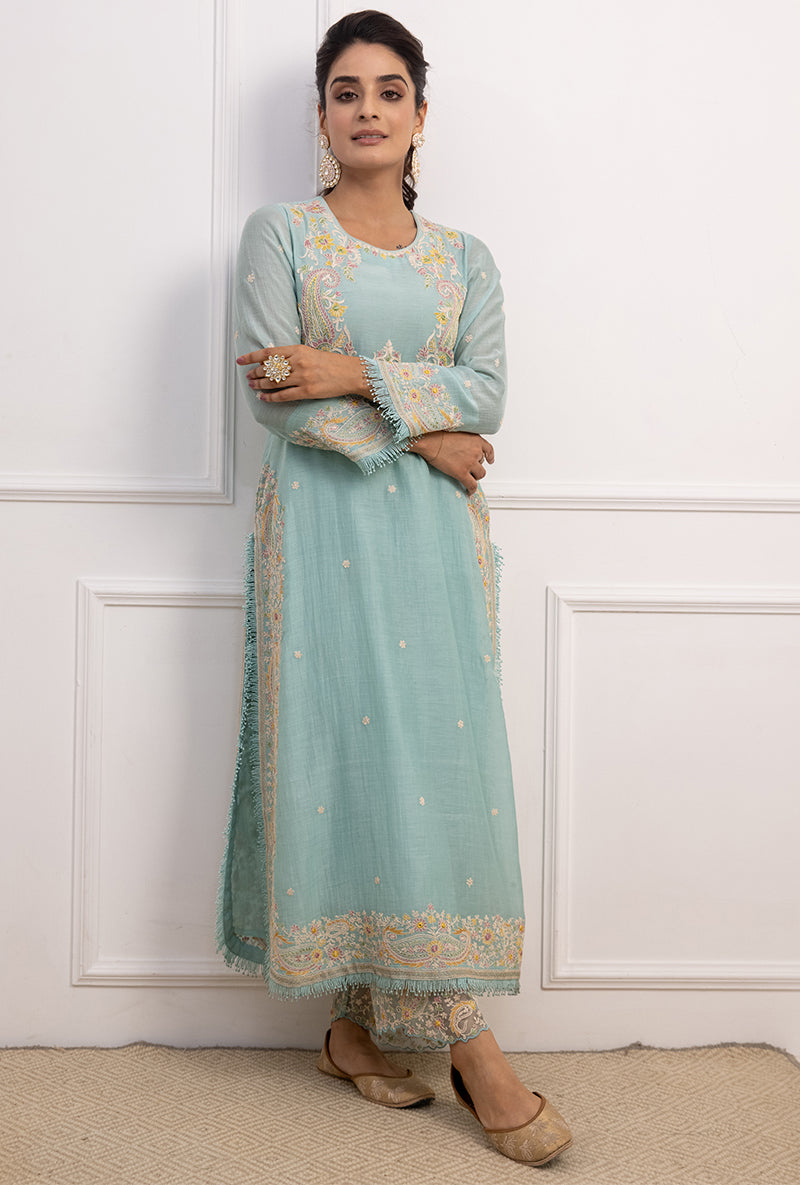 Blue Dori Paisley Long Kurta Yoke Aafreen Set