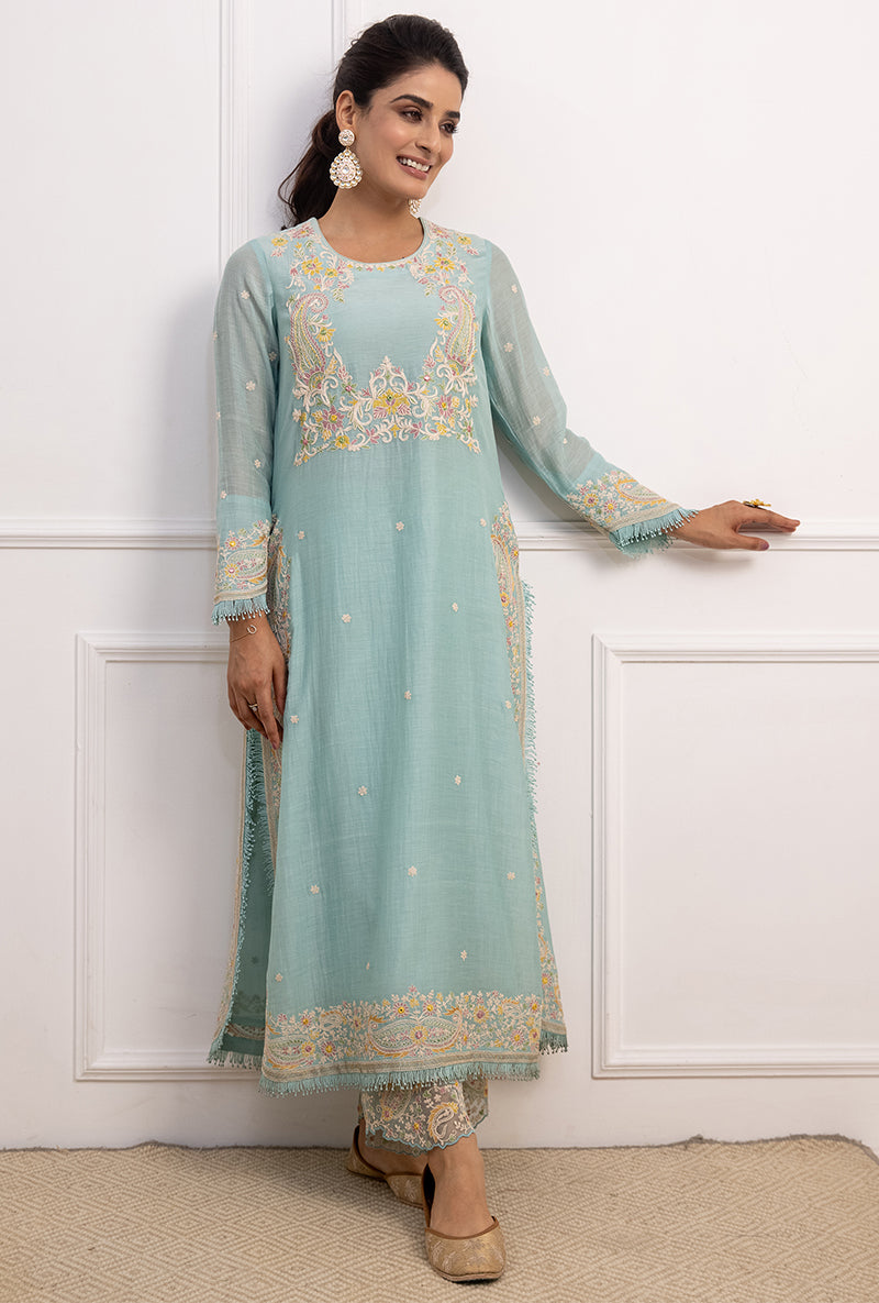 Blue Dori Paisley Long Kurta Yoke Aafreen Set