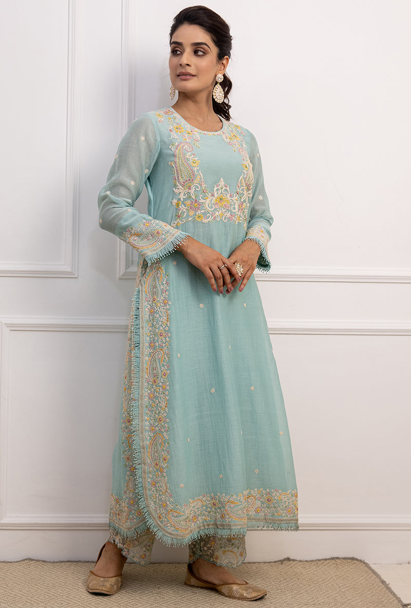 Blue Dori Paisley Long Kurta Yoke Aafreen Set