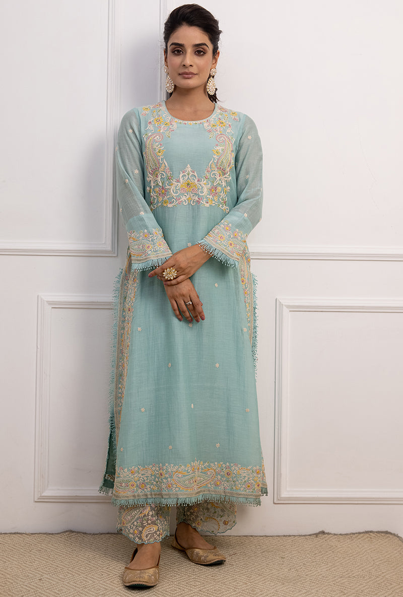 Blue Dori Paisley Long Kurta Yoke Aafreen Set