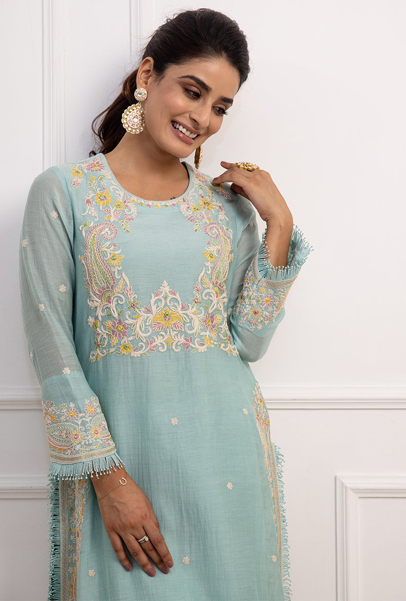 Blue Dori Paisley Long Kurta Yoke Aafreen Set