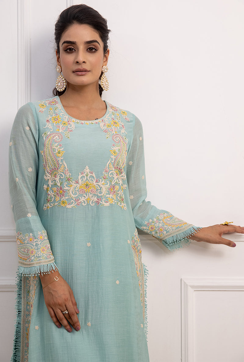 Blue Dori Paisley Long Kurta Yoke Aafreen Set