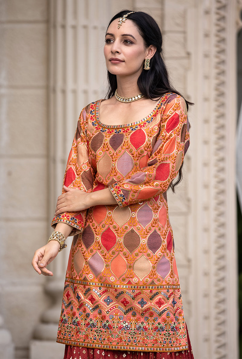 Coral Multicolour Thread Work Sitara 2.0 Gharara Set