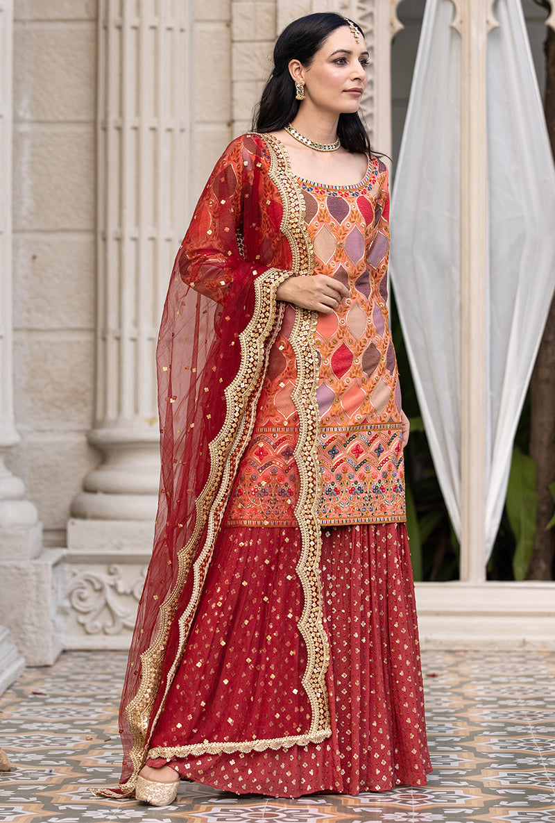 Coral Multicolour Thread Work Sitara 2.0 Gharara Set
