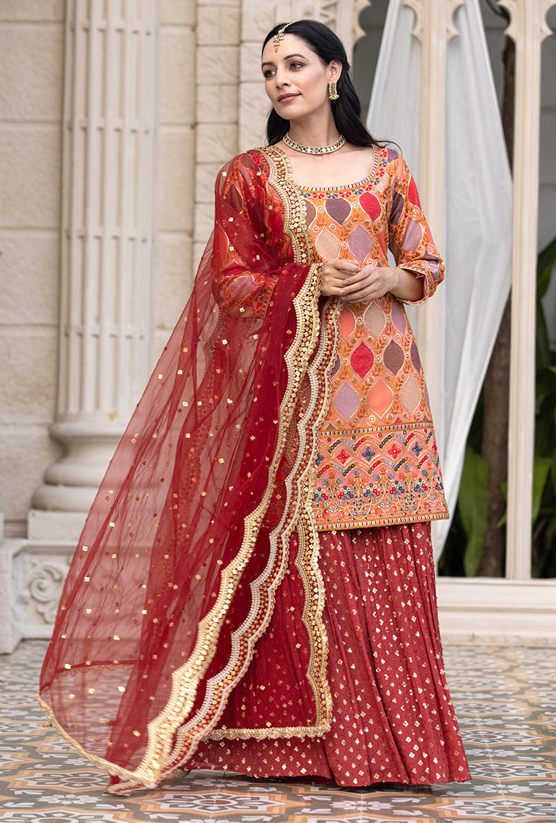 Coral Multicolour Thread Work Sitara 2.0 Gharara Set