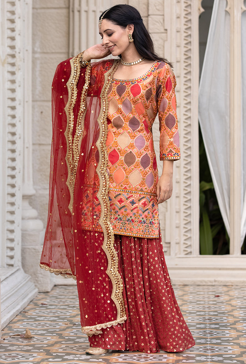 Coral Multicolour Thread Work Sitara 2.0 Gharara Set