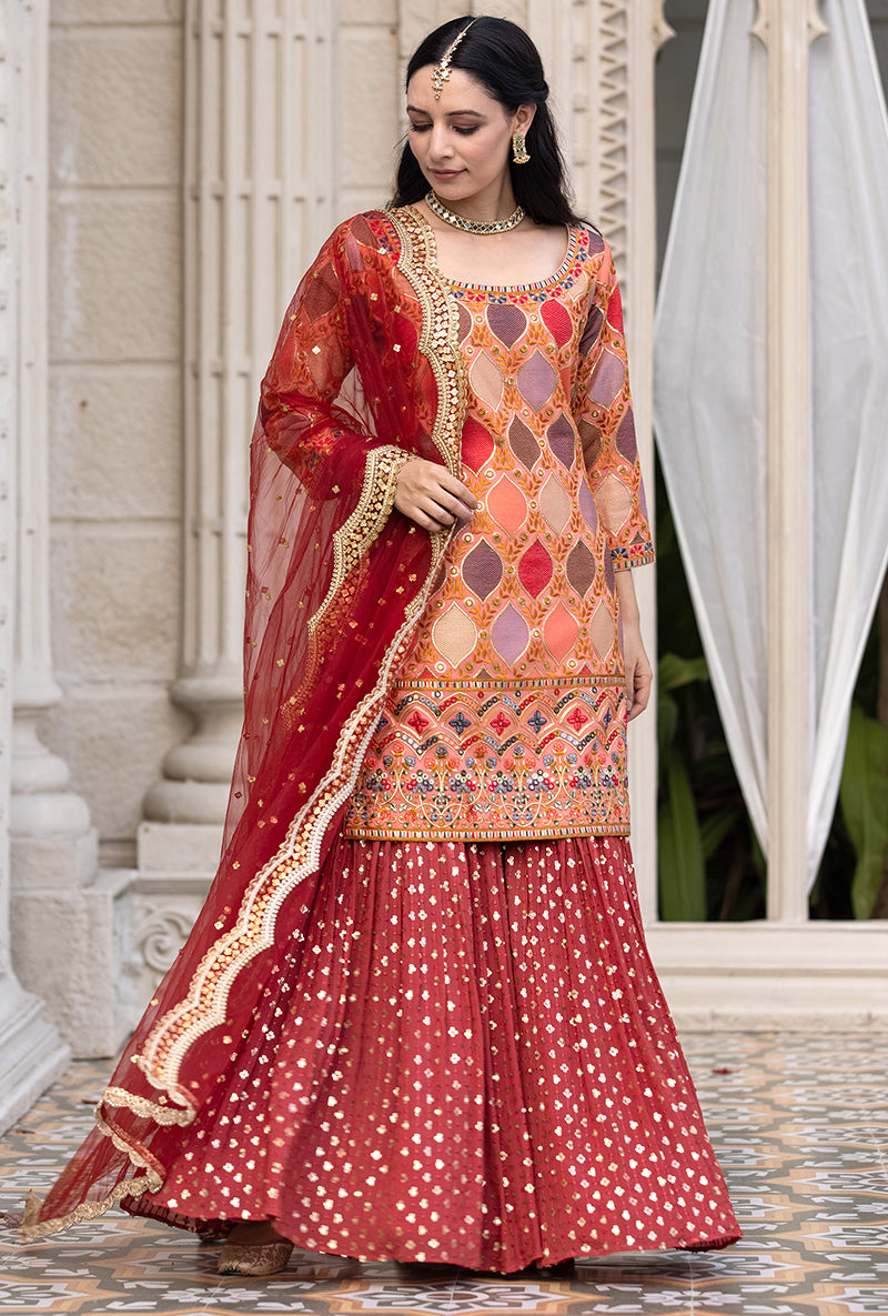 Coral Multicolour Thread Work Sitara 2.0 Gharara Set