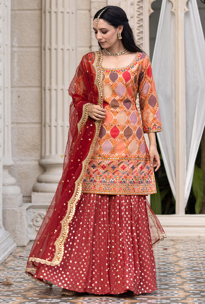Coral Multicolour Thread Work Sitara 2.0 Gharara Set