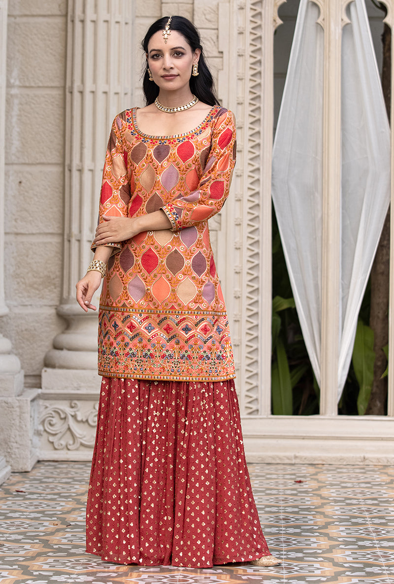 Coral Multicolour Thread Work Sitara 2.0 Gharara Set