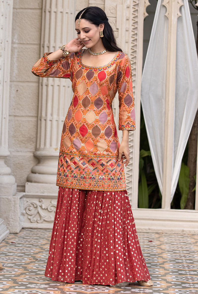 Coral Multicolour Thread Work Sitara 2.0 Gharara Set